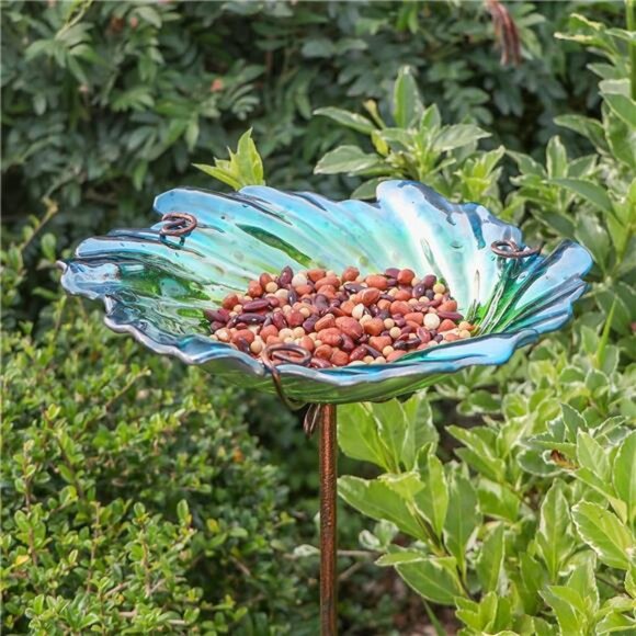 Glass Bird Baths for Outdoors, Garden Bird Bath Bowl with Metal Stake - Picture 5 of 8